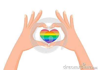 Hands make heart signwith LGBT rainbow color. Love is love. Pride concept Vector Illustration